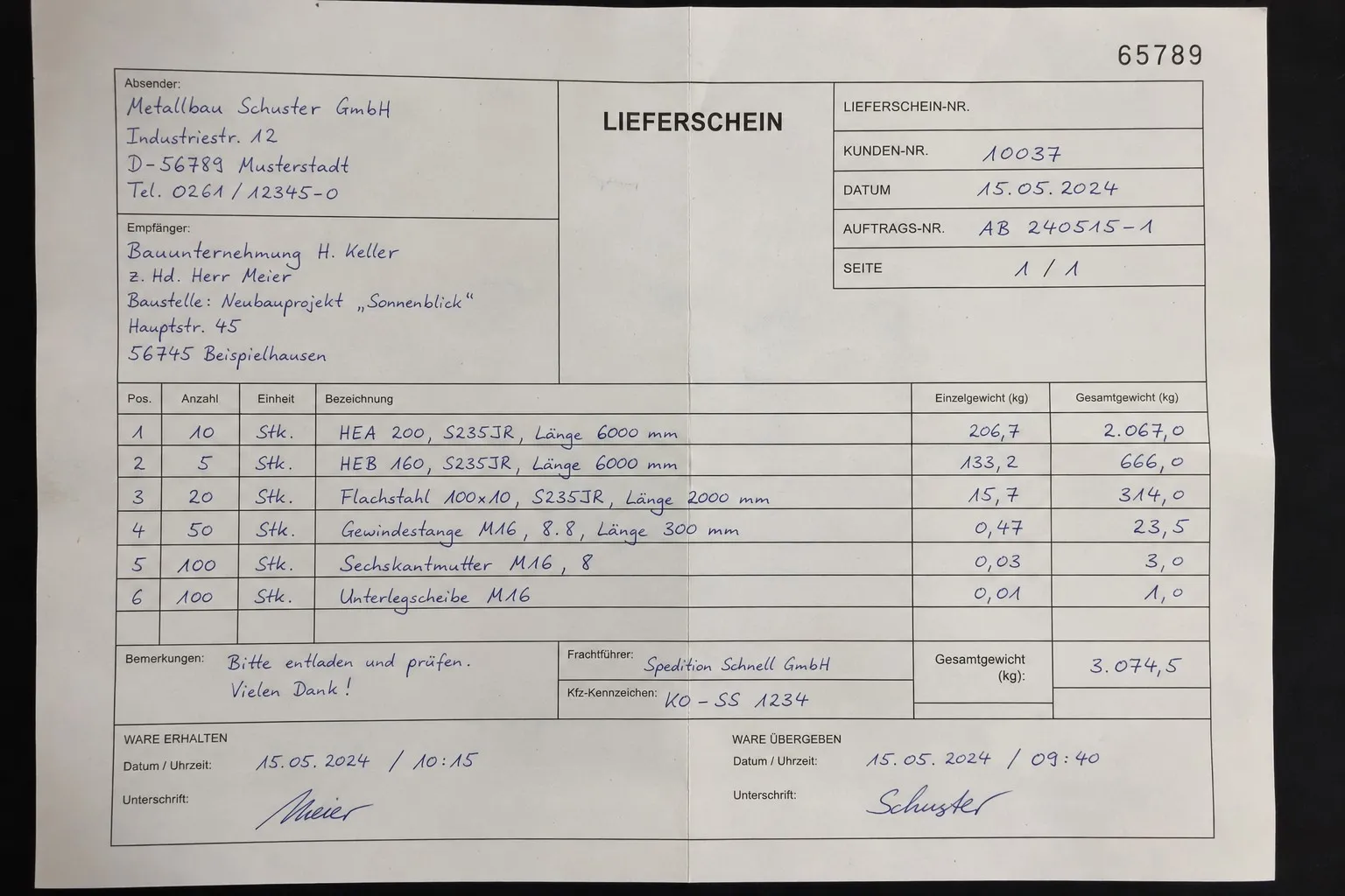 Beispieldokument Lieferschein